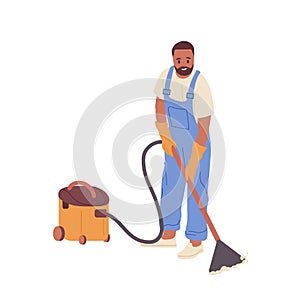 Cartoon young man worker character in uniform of cleaning service vacuuming floor isolated on white