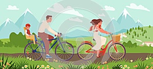 Cartoon young mother, father and son in helmet travel on bicycles, healthy leisure and vacation of cyclists. Happy