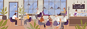 Cartoon young people communicating and working at modern coffeehouse vector flat illustration. Man, woman and group of