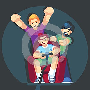 Cartoon young people play video games sitting on the couch sofa. Gamepad in hands. Friends playing video games. Vector
