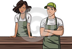 Cartoon young people wearing apron.