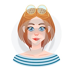 Cartoon young pretty sailor girl avatar. Beaulifull doll with sunglasses on top head. Lady style short hair