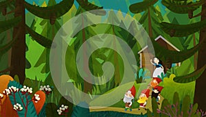 cartoon young princess and dwarfs in forest illustration