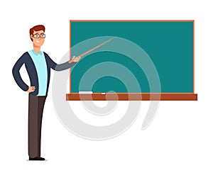 Cartoon young profesor, teacher man at blackboard teaching children in school classroom vector illustration photo