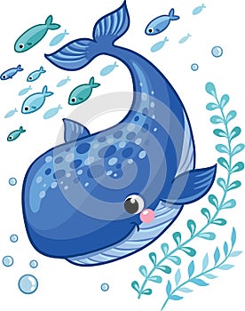 Cartoon young whale surrounded by small sea fish.