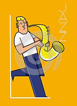 Cartoon of a young white man playing on saxophone vector illustration