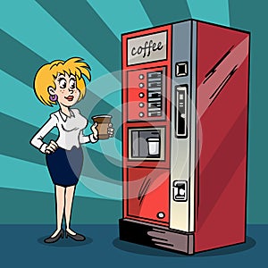 cartoon young woman with coffee in hand stands next to vending coffee machine