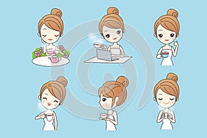 Cartoon young woman enjoy tea