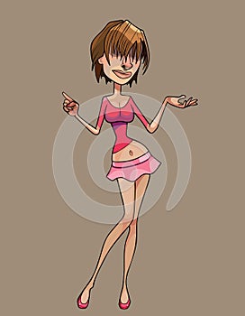 Cartoon young woman with long forelock in a short skirt photo