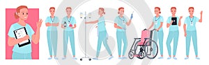 Cartoon young woman in medic uniform, professional female hospital worker holding wheelchair, syringe and medical