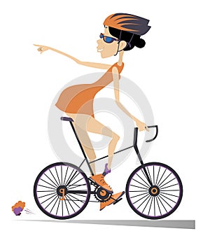 Cartoon young woman rides a bike isolated