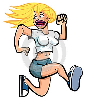 Cartoon of a young woman running in fear