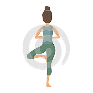 Cartoon young woman standing in vrksasana posture vector flat illustration