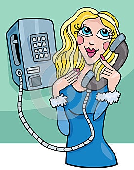 Cartoon young woman talking on an old payphone