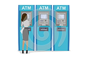 Cartoon young woman uses a cash point automated ATM cash machine