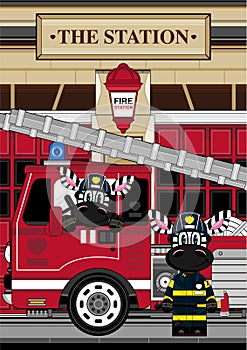 Cartoon Zebra Fireman and Fire Truck