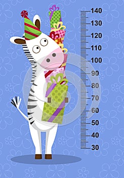 Cartoon zebra with gifts on blue background. Stadiometer. Vector photo