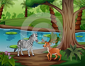 Cartoon a zebra and little deer by the river