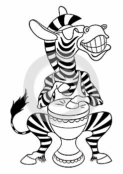 Cartoon Zebra tapping on Djemba. Vector outline image of a cartoon Zebra, isolated on white. Cartoon Zebra musician
