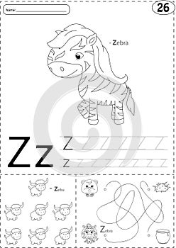 Cartoon zebra and zebu. Alphabet tracing worksheet: writing A-Z