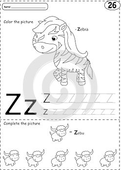 Cartoon zebra and zebu. Alphabet tracing worksheet: writing A-Z