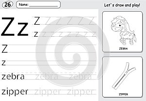 Cartoon zebra and zipper. Alphabet tracing worksheet: writing A-Z and educational game for kids