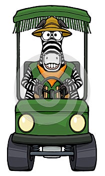 cartoon zebra zookeeper driving a zoo golf cart