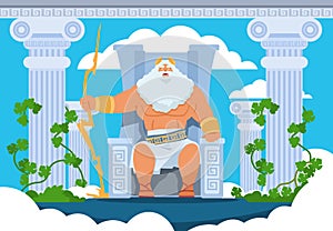 Cartoon Zeus. Legendary god character of Ancient Greek mythology on Olympus mountain. Vector mythology illustration