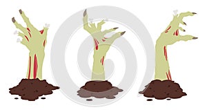 Cartoon zombie hands. Spooky monsters bony scrawny arms sticking out of ground, Halloween creepy hands silhouettes flat vector