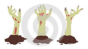 Cartoon zombie hands. Spooky monsters scrawny arms sticking out of ground. Halloween creepy bony hands flat vector illustration