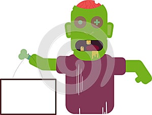 Cartoon zombie holding blank signboard. Flat illustration