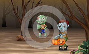 Cartoon zombies walking in the dead forest