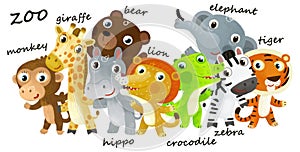 Cartoon zoo scene with zoo animals friends together in amusement park on white background with space for text illustration for