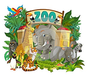 Cartoon zoo scene near the entrance with different animals - amusement park