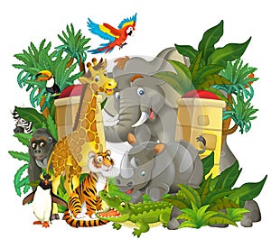 Cartoon zoo scene near the entrance with different animals - amusement park