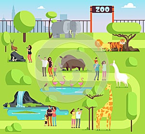 Cartoon zoo with visitors and safari animals. Happy families with kids in zoological park vector illustration