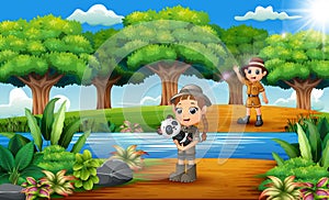 Cartoon of Zookeeper boy and girl with panda in the jungle