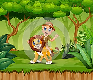 Cartoon Zookeeper boy and a lion in jungle