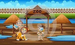 Cartoon the zookeeper boys with a lion in the zoo