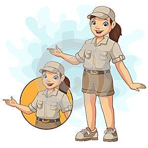 Cartoon zookeeper presenting on white background