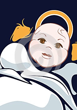 Cartooned Baby on Cradle with Abstract Background; Graphic Design photo