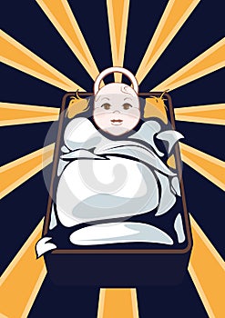 Cartooned Baby on Cradle with Abstract Background. photo