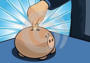 Cartooned Hand Putting Coin Inside Piggy Bank; Saving Concept photo
