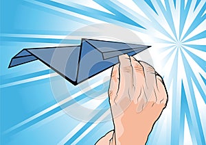 Cartooned Human hand Holding Paper Plane photo
