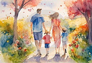 Cartooned image of family. Family walk holding hands. Back view.