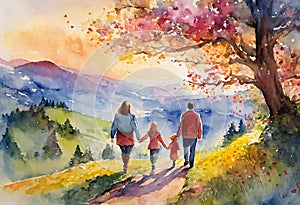 Cartooned image of family. Family walk holding hands. Back view.