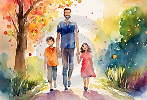 Cartooned image of family. Father with daughter and son walk holding hands. photo