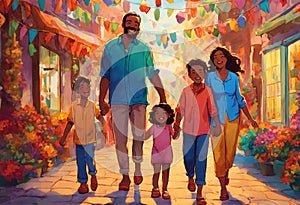 Cartooned image of family. Family walk holding hands. photo
