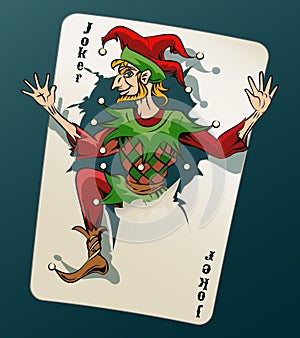 Cartooned Joker Jumping Out From Playing Card photo