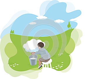 Cartooned Sitting Man Milking from a Cloud photo